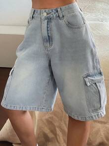 Livesso Women's Cargo Pocket Wide Leg Loose Casual Denim Shorts Summer - Light Wash - View 2