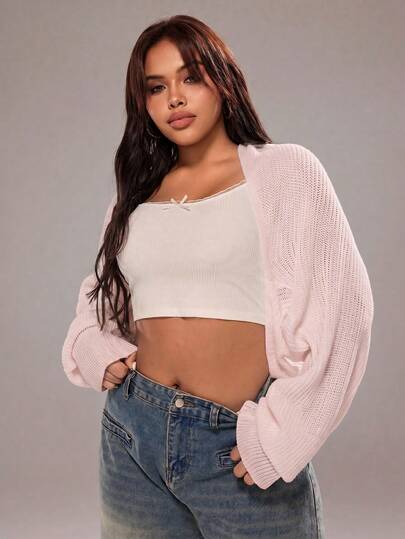 Rustia Cárdigan ligero de manga de murciélago y corte cropped de unicolor para mujer talla grande, ideal para vacaciones y uso diario en primavera/otoño