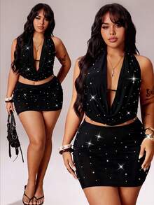 Rustia Plus Size Deep Draped Neck Sleeveless Metallic Tie-Front Top ...
