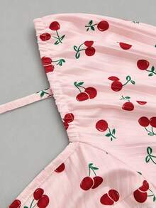 Sweetra Plus Size Cherry Print Sweetheart Collar Ribbed Backless Tie Shoulder Bodysuit - Multicolor - View 5
