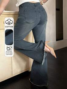 Dazy Plus Quần jeans dài ống loe denim rách, co giãn, bạc màu dành cho nữ, phù hợp mọi mùa. - Rửa nhẹ - Xem 1