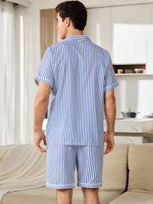 男士休闲蓝白条纹简约字母印花家居服套装 - 藍色 - 查看 2