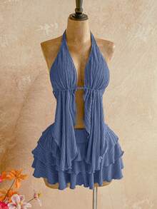 Soleia Set de 2 piezas: Top asimétrico de cuello halter con textura de punto + Falda de cintura baja con volantes en el bajo, adecuado para vacaciones, citas, San Valentín, tarde de té - Neblina azul - Ver 7