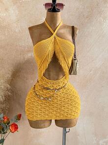 Soleia 女士度假沙滩流苏装饰露背吊带迷你针织连衣裙 - 黃色 - 查看 3