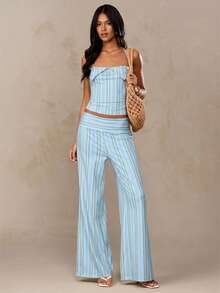 SHEIN BAE Quần ống loe cạp gập kiểu dáng thường ngày kẻ sọc dành cho nữ - Màu xanh nhạt - Xem 1