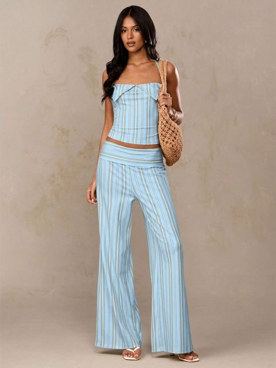 SHEIN BAE Quần ống loe cạp gập kiểu dáng thường ngày kẻ sọc dành cho nữ - Màu xanh nhạt - Xem 1