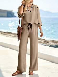 Breezaya Women's Color Block Top And Drawstring Waist Long Pants Casual Outfit - Khaki - View 7