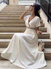 Elyressa 女士精美编织优雅夏季长裙，适合度假 - 米色 - 查看 1