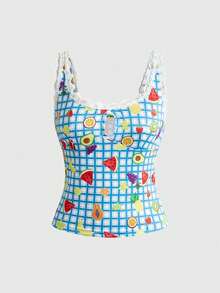 ROMWE Avant Top ajustado de mujer con estampado de frutas tropicales, sandía, piña, encaje y calado - Multicolor - Ver 10