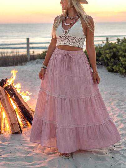 Elenzga 大码女式纯色层叠荷叶边下摆休闲长裙