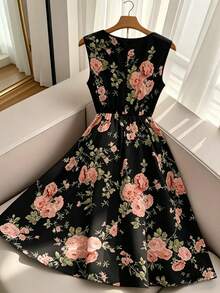 GlowEve CURVE Đầm không tay cổ buộc dây, tối giản, in họa tiết hoa, dành cho nữ cỡ lớn, thích hợp cho công sở, mặc hàng ngày và các buổi tụ họp. - màu đen - Xem 2