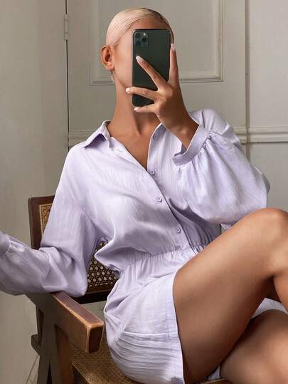 Livesso Women's Solid Color Long Sleeve Shirt Pajama Set With Shorts