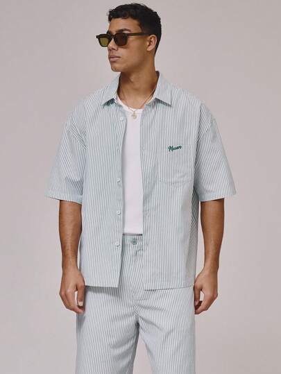 Musero Oversized Short Sleeve Button Through Collared Dropped Shoulder Branded Embroidery Patch Pinstripe Shirt Co Ord Top Only Spring Summer Essentials Holiday