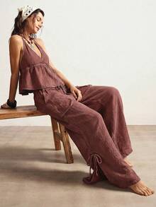 Bohemela Women's Casual Boho Solid Color Woven Loose Wide-Leg Washed Pants Vacation Chocolate Brown Autumn - Coffee Brown - View 3