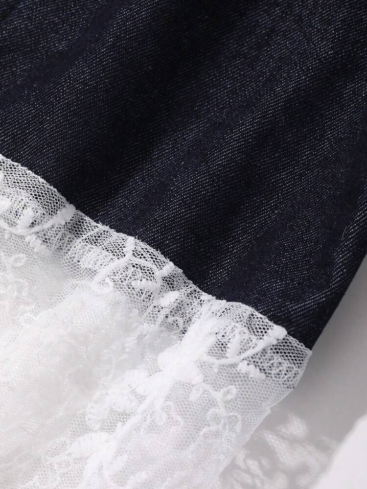 Dazy Plus V-Neck Dark Washed Blue Short Sleeve Contrast Lace Elegant Long Casual Denim Dress, Spring/Summer Sun Dresses For Women