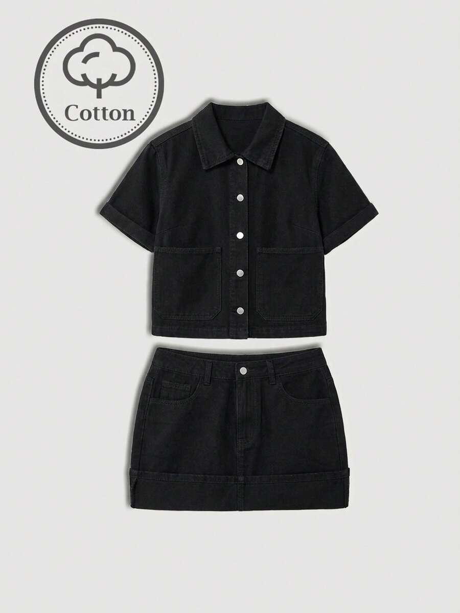 Maija Women's Casual Daily Commute Simple Solid Color Patchwork Pocket Short Sleeve Denim Shirt And Denim Mini Skirt Set, Summer - Black - View 1
