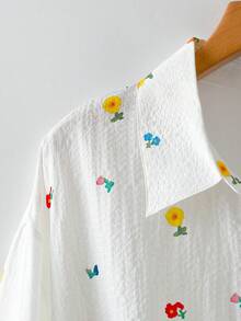 SHEIN Robe chemise à manches courtes imprimé floral décontracté, grande taille, printemps/été/automne - Blanc - Voir 3