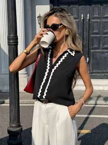 Pariaura Women's Color Block Single-Breasted Casual Sexy Versatile Daily Wear Shirt Golf White Summer - Black - View 4