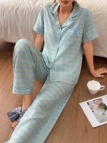 SHEIN Plaid Print Lapel Short Sleeve Pajama Set - Multicolor - View 5