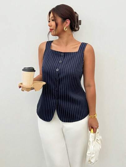 Firerie 大码夏季休闲通勤条纹前开襟无袖衬衫