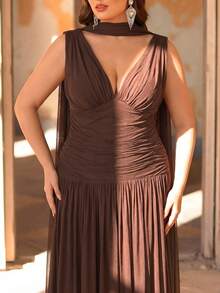 Aureia Plus Size Elegant Shiny Mesh V-Neck Ruched A-Line Dress With Detachable Neck Strap,Brown Winter Dinner Evening Luxury Gowns For Women Wedding Party - Brown - View 9