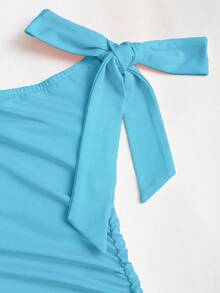 Sweetra Vestido mini con fruncido y decoración metálica de unicolor, elegante para citas - Azul - Ver 3