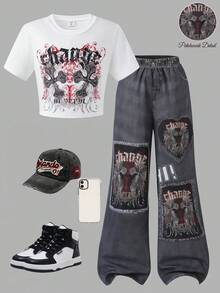 Sparklyn 2pcs/Set Teenage Street Vacation Countryside Y2K Influencer Style Cherry Print Cropped Fitted Baby Tee + Plaid Loose Pants - Black - View 1