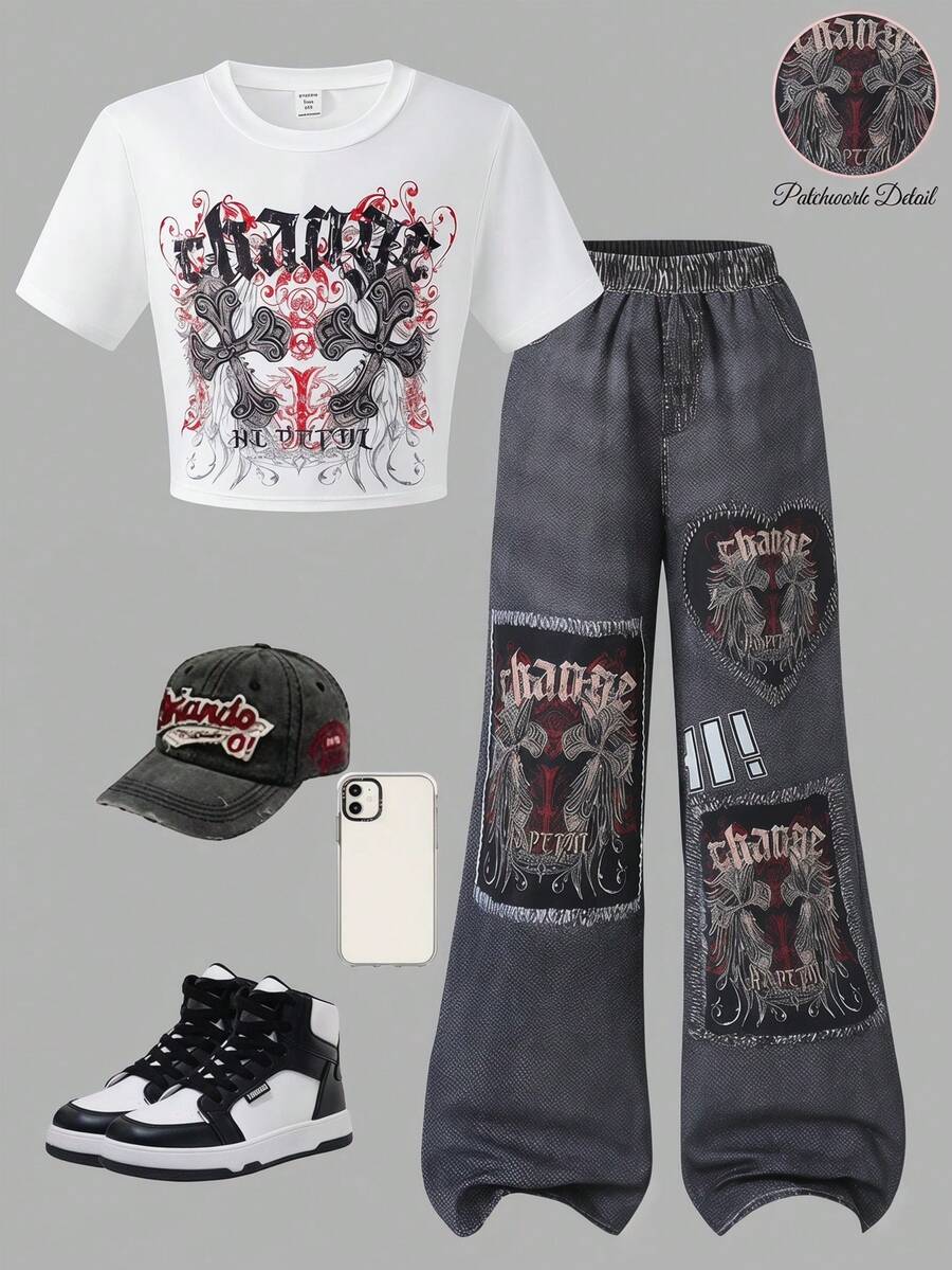 Sparklyn 2pcs/Set Teenage Street Vacation Countryside Y2K Influencer Style Cherry Print Cropped Fitted Baby Tee + Plaid Loose Pants - Black - View 1