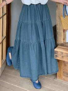 Dazy Plus Vintage Denim Elastic Waist Patchwork A-Line Loose Casual Denim Skirt, Spring/Summer - Medium Wash - View 7
