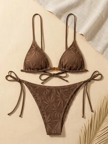 Bonvoyette Conjunto de 3 piezas para mujer: Top con cuello de halter y lazo, falda a juego y Bottom de bikini sexy en tela con estampado de hoja de arce en cuadrícula de color marrón claro - Marrón - Ver 7