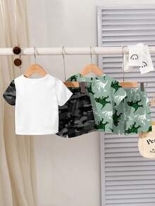 SHEIN 4件套男婴休闲恐龙图案印花T恤套装，经典时尚，适合春夏穿着 - 彩色 - 查看 4