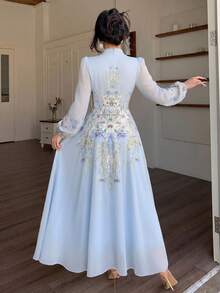 Modelyn Tie-Waist Ruched Placement Print Flared Long Sleeve Dress For Women - Blue - View 2
