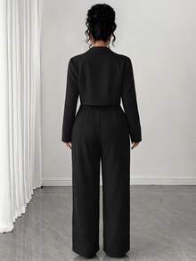 Elenzga Plus Size Women's Notched Collar, Decorative Button, Straight Leg Pants Solid Color 2 Pieces Set Office Black Autumn Elegant - Black - View 2