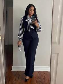 SHEIN Lady CURVE Plus Size Striped Splice Collar Tie Shirt And Pants 2 Pieces Set, Navy Blue - Navy Blue - View 3