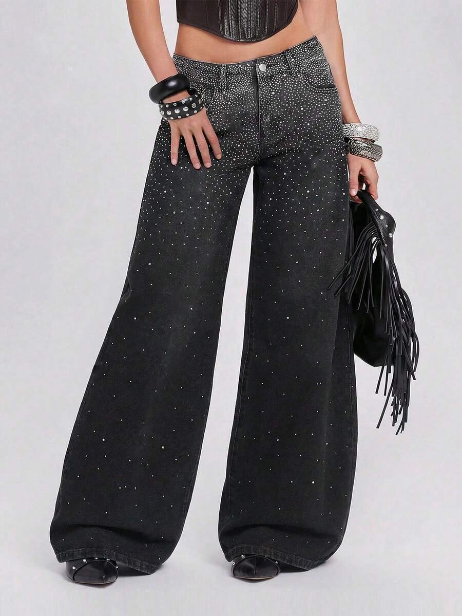 Trang phục dự tiệc âm nhạc Y2K Baddie Party: Quần jeans ống rộng dáng suông phối đá ombre dành cho nữ. - màu đen - Xem 1