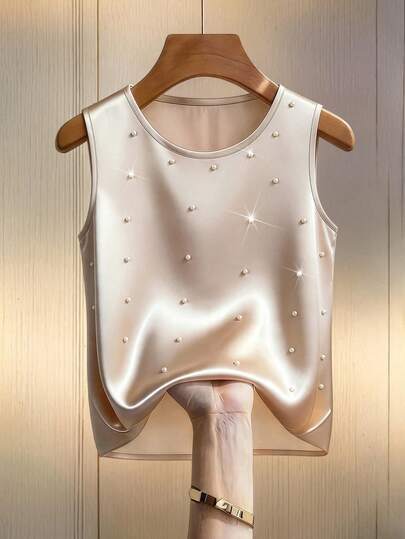 GlowEve Women's Summer Casual Satin Bubble Pearl Decor Sleeveless Top, Women's Daily Commute Blouse