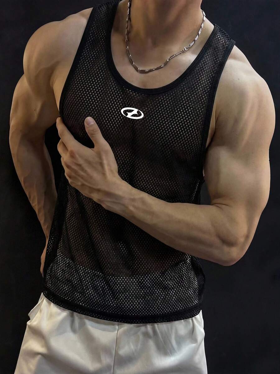 GymBeat 男士几何图案休闲健身运动背心 - 黑色 - 查看 1