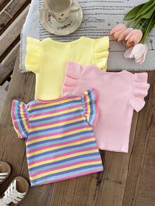 LMoss Kids 3pcs Baby Girl Knitted Solid Striped 3D Flower Round Neck Vest Set - Multicolor - View 2