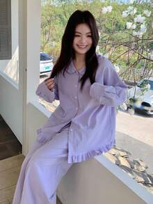 Dazy Plus Bộ đồ ngủ 2 món màu trơn dễ thương gồm áo cổ Peter Pan dáng rộng và quần dài, màu xanh dương, đồ ngủ thường ngày. - Màu xanh lam - Xem 2