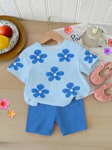 SHEIN 2pcs Baby Girl Casual Cute Textured Floral Pattern Cream Blue Round Neck Short Sleeve T-Shirt And Leggings Set, Suitable For Spring/Summer - Multicolor - View 2