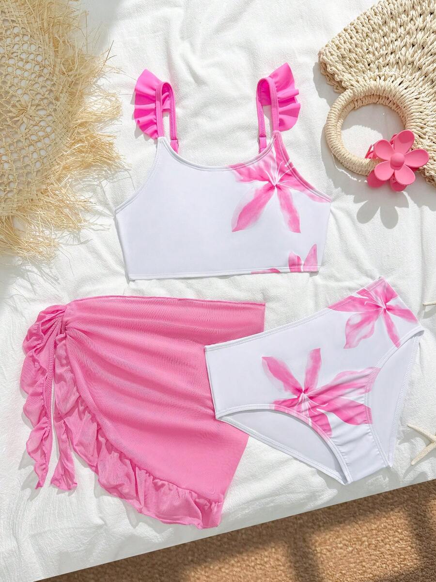 SHEIN Sött blommönster bikiniset med volangkant och strandklänning för flickor - Babyrosa - Visa 1