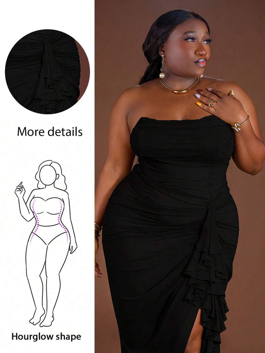 CurvyTilda فستان نسائي كبير الحجم ربيع/صيف بلون أخضر بسيط، فستان أنيق بتجاعيد وذيل متدلي مع شق عالي، مناسب للعطلات والشاطئ وحفلات الليل وأعياد الميلاد، فستان أنيق وجذاب مصنوع من الشبك - الأسود - مشاهدة 1