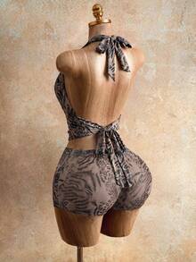 Mistrie Women's Animal Print Leopard Halter Top With Front Tie, Featuring Metal Ring Details And Cut-Out Design. Fashionable And Sexy Halter Backless Leopard Vest, Suitable For Vacations, Parties, And Music Festivals. - Baby Pink - View 2