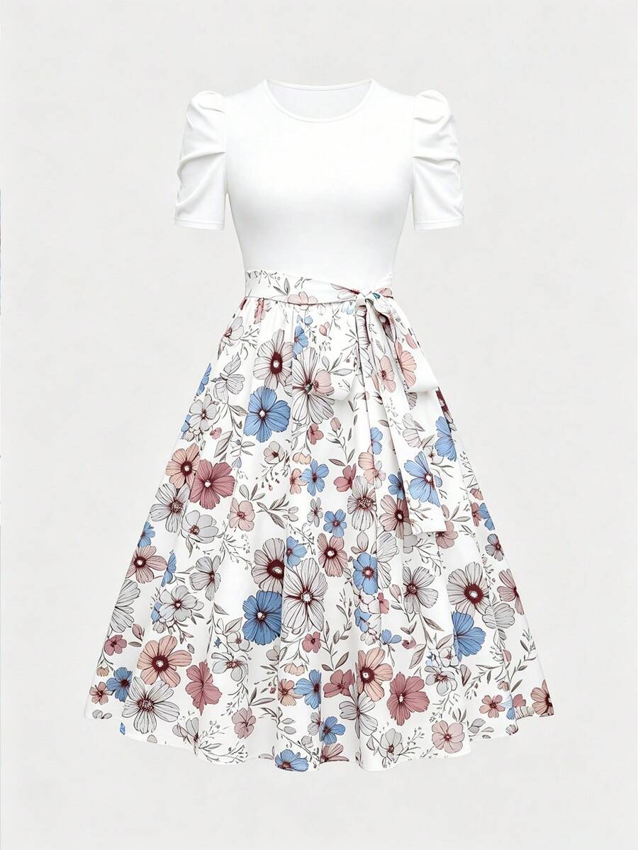 SHEIN Franclia 女款圓領泡泡袖花卉印花優雅中長洋裝,夏季 - 白色 - 查看 1