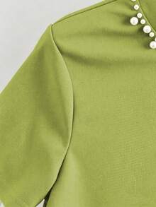 Franclia Camiseta de manga corta negra elegante francesa para mujer en verano - Cuello redondo con perlas incrustadas y abertura lateral, elegante top de ajuste ceñido y estilizador de figura de nicho - Verde - Ver 3