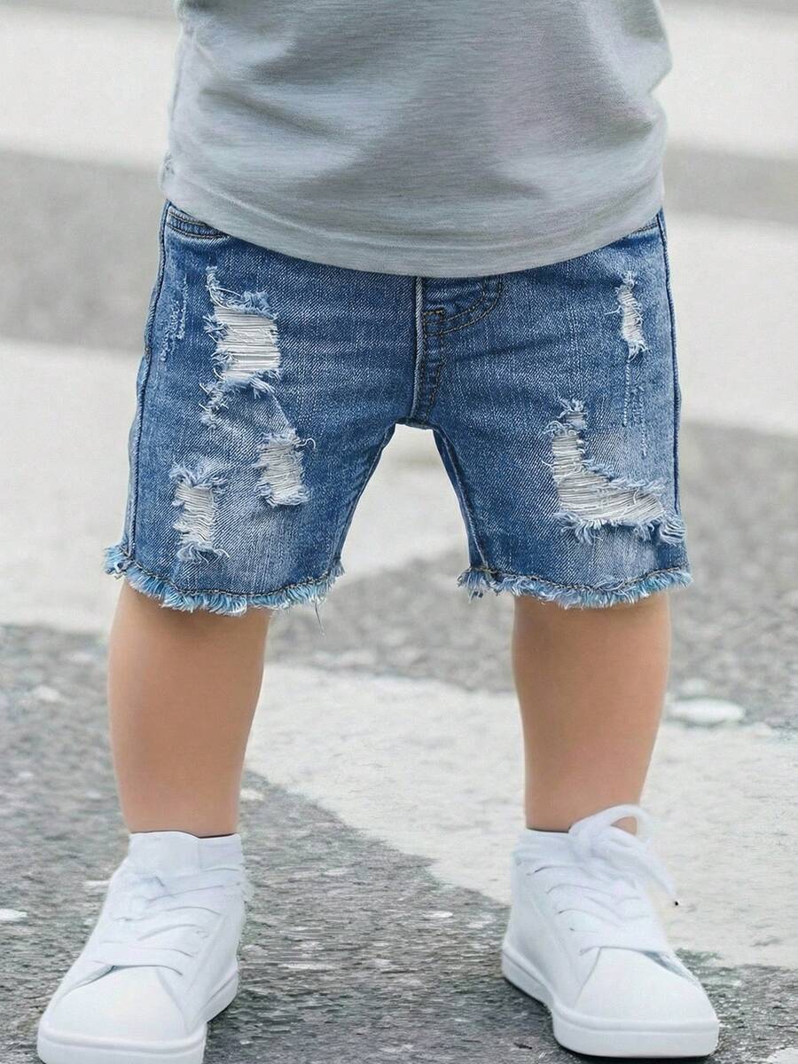 SHEIN Pantaloni scurți din denim pentru bebeluși, casual, moi, drăguți, rupți, uzați, cu margini aspre, pentru vară - Spălare medie - Vizualizare 1