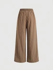 SHEIN Serisse Kids Teen Girl Daily Wear Casual Basic 100% Cotton Elastic Waistband Wide Leg Pants, Back To School - Apricot - View 2