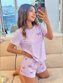 2件套少女甜美可爱优雅简约时尚新款紫色蝴蝶结圆领短袖上衣和配套紫色条纹蝴蝶结短裤休闲舒适睡衣 - 淡紫色 - 查看 7