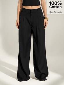SHEIN Tall 100%纯棉优雅纯色宽松阔腿褶裥裤，高腰商务休闲职业办公服饰，时尚修身女士工作裤 - 黑色 - 查看 3
