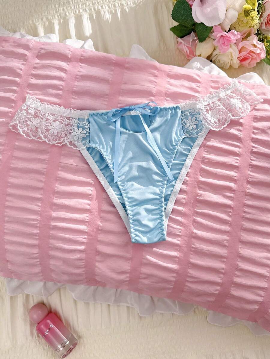 PetitDoll Quần lót nữ màu xanh nhạt có bèo nhún, thêu nơ, kiểu bohemian lãng mạn, ngọt ngào. - Màu xanh lam - Xem 1